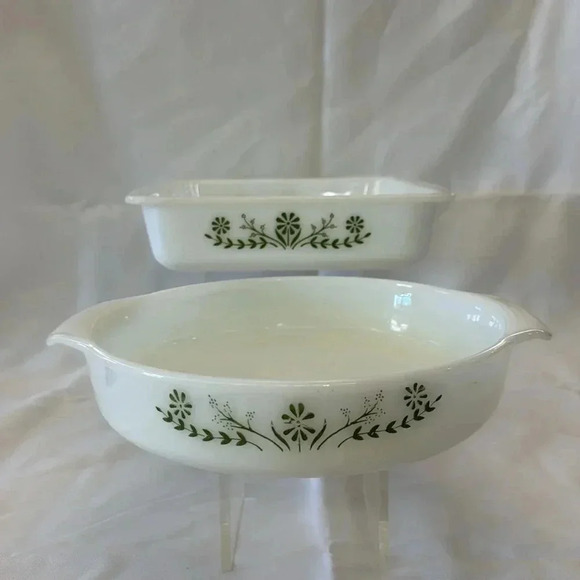 Vintage Other - 2 - Glasbake 1970s Casserole Dishes Green Daisy Milk Glass MCM Kitchen